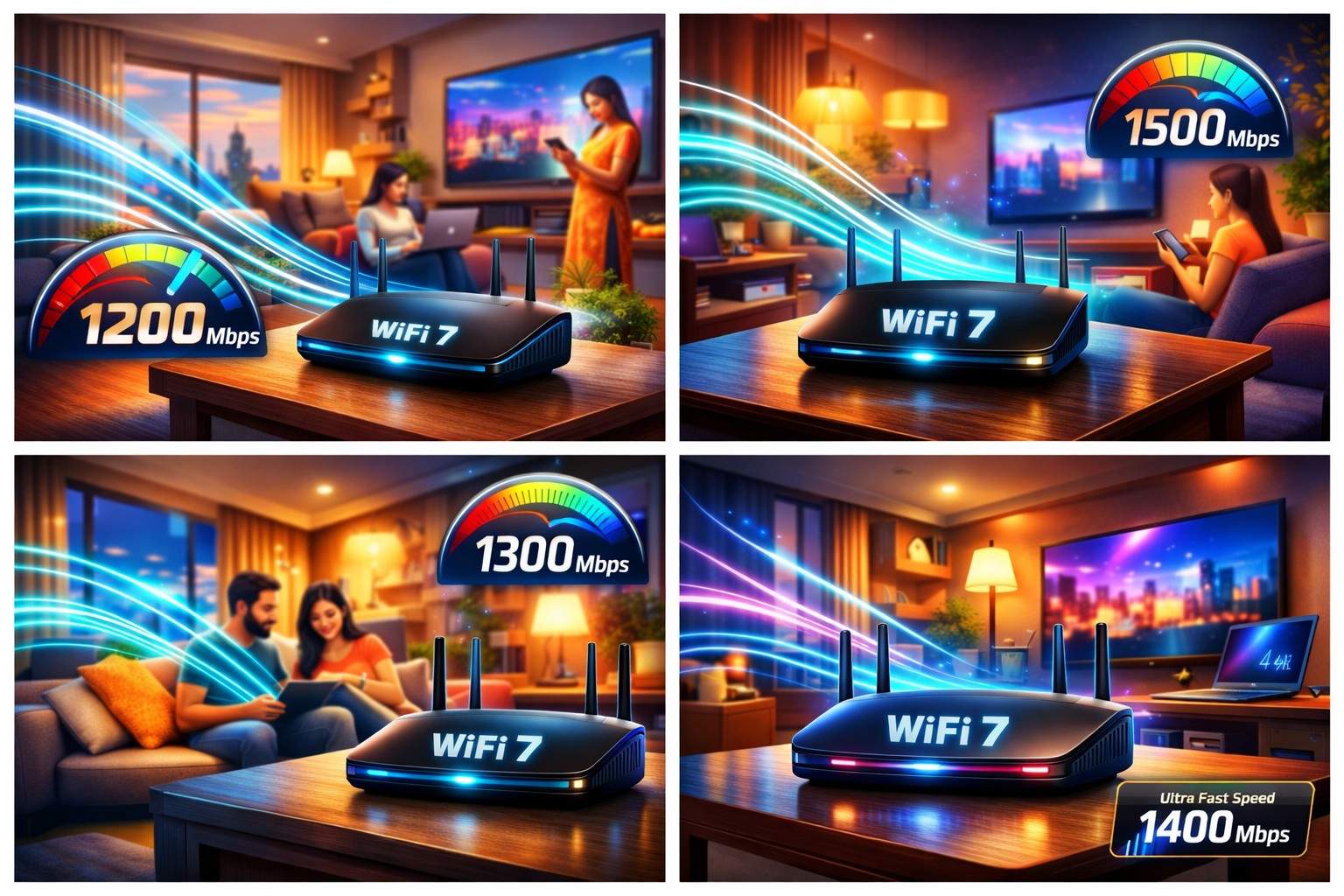 Modern Indian home with WiFi 7 router showing ultra-fast internet speeds through glowing digital waves, multiple devices connected, vibrant and futuristic setting