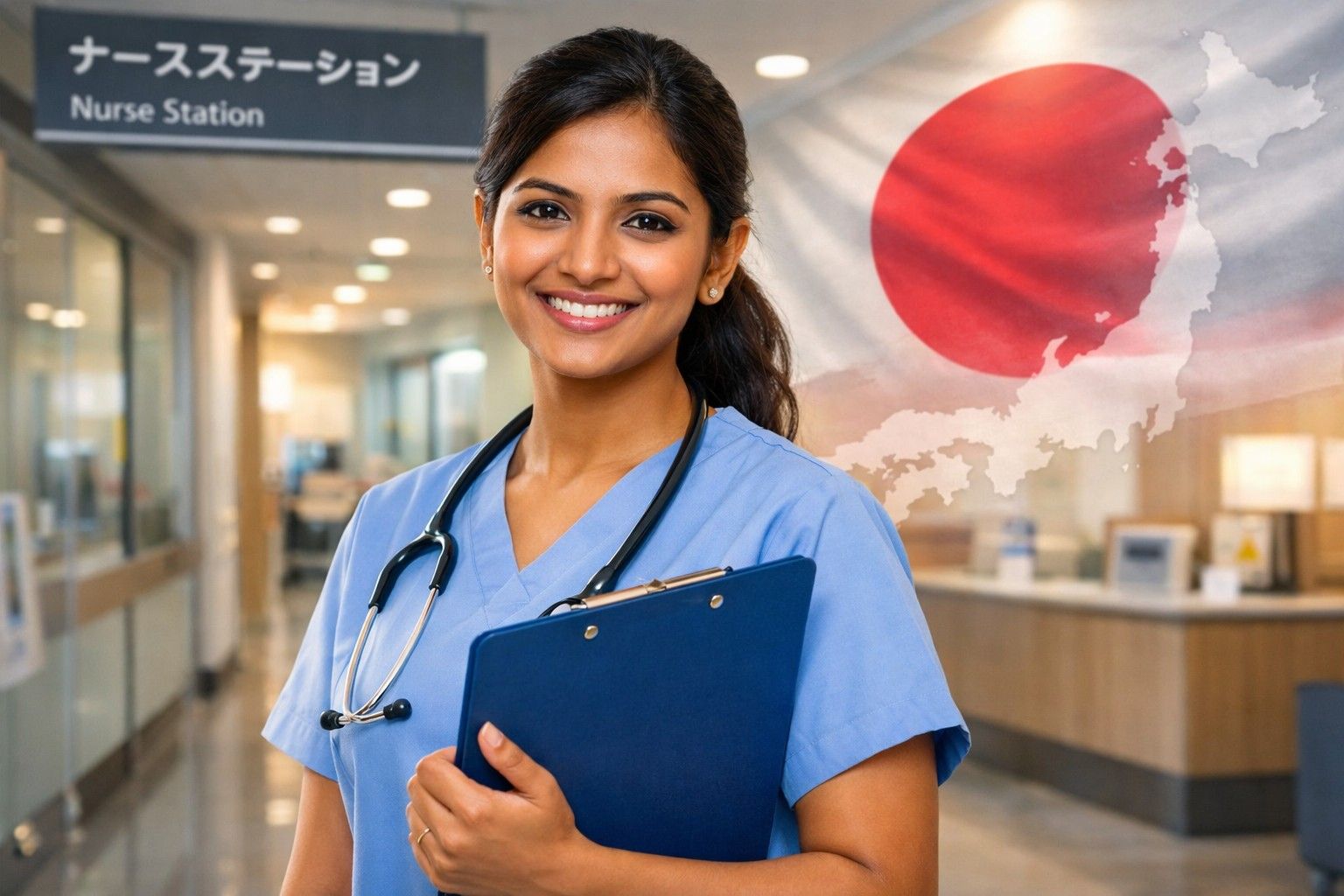 Confident Indian nurse in uniform holding a clipboard, standing in a modern Japanese hospital with Japanese flag overlay.