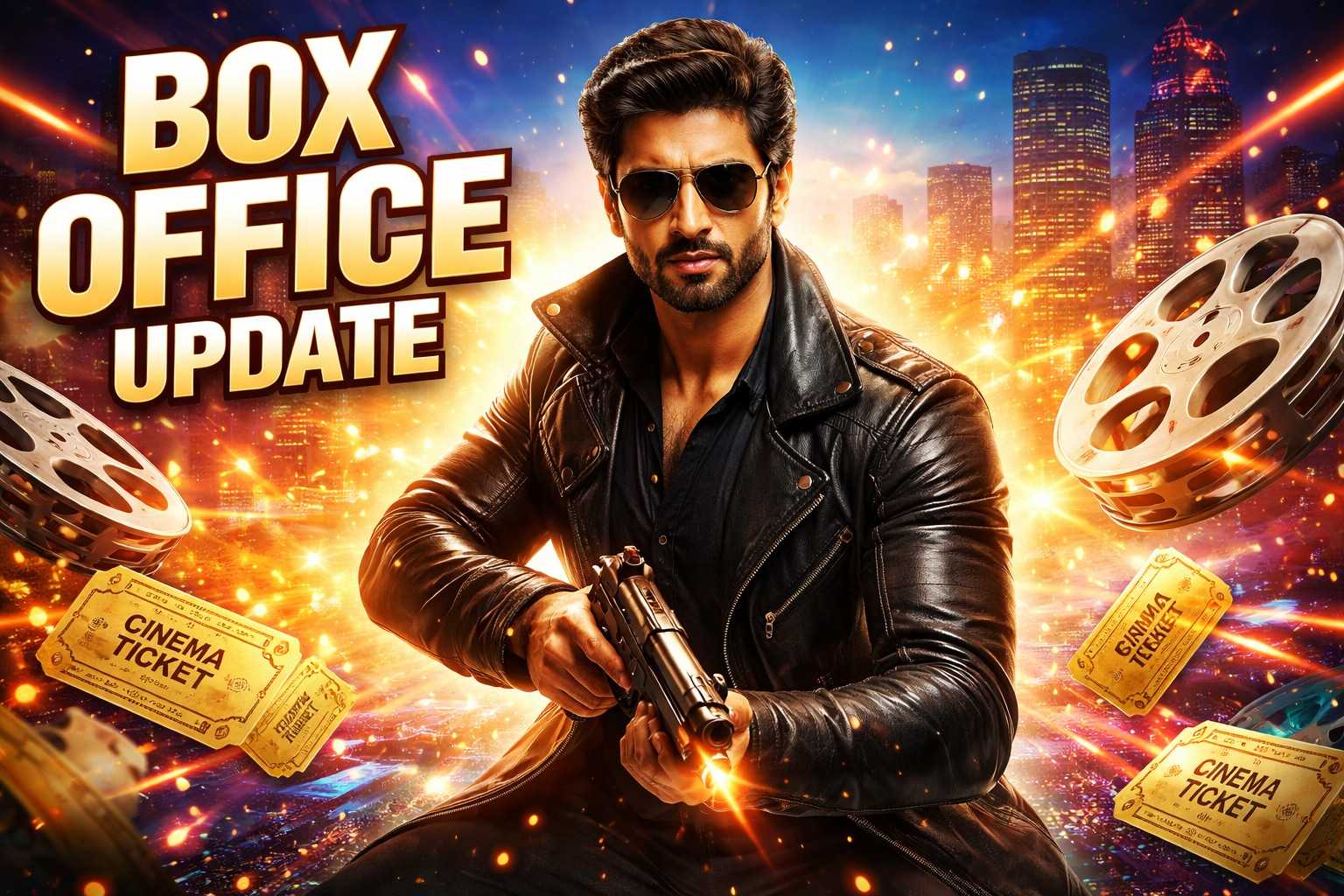 Dhurandhar Bollywood box office update poster featuring a heroic male action star with film reels, cinema tickets, and glowing cityscape background.